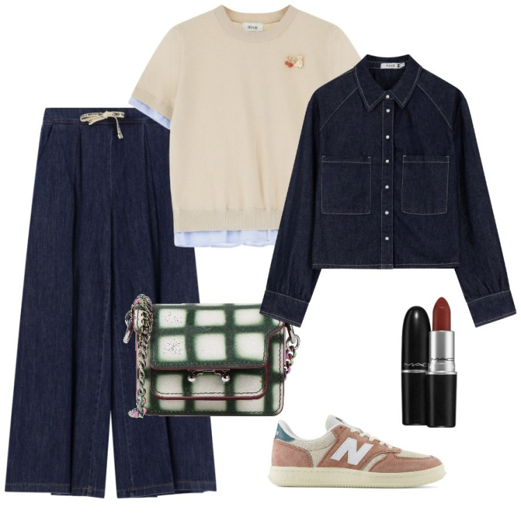 Outfit donna - In jeans. Stile Casual per Tutti i giorni. Abbinamento con borse a tracolla, rossetti, sneakers, camicie, jeans, maglieria.
