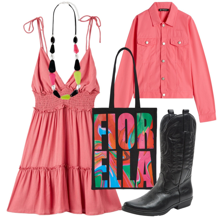 Outfit donna - Rosa pesca. Stile Urban per Tutti i giorni. Abbinamento con vestiti corti, stivali, blazer, borse tote, collane.