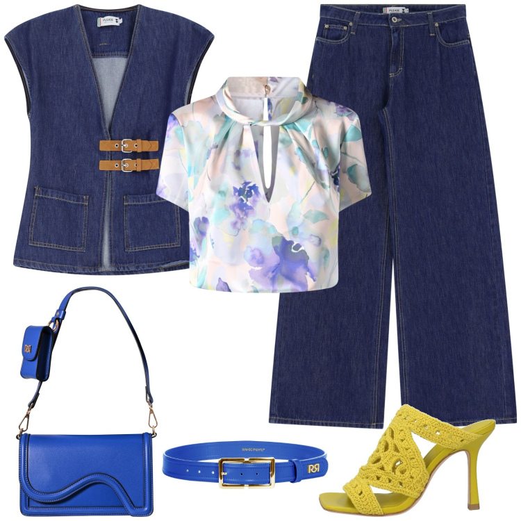 Outfit donna - Chic in denim. Stile Casual chic per Tutti i giorni. Abbinamento con sandali in pelle, bluse, pochette, cinture, jeans, gilet.