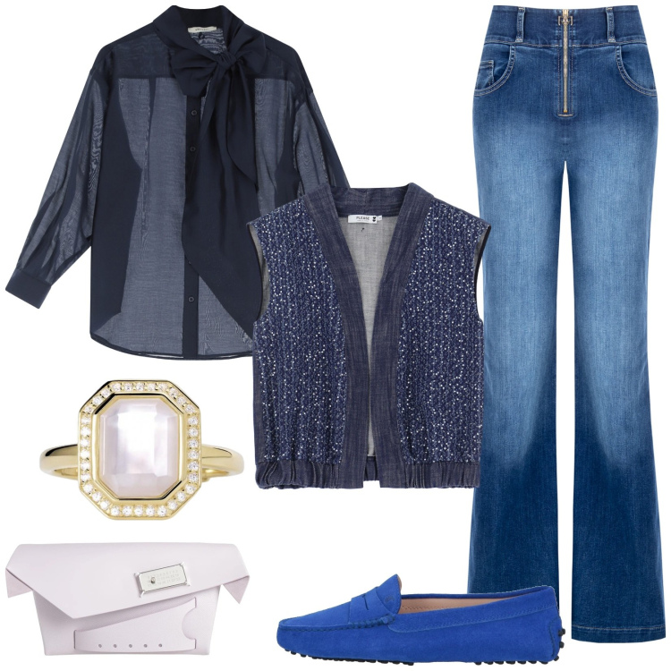 Outfit donna - Gilet e jeans. Stile Casual per Tutti i giorni. Abbinamento con borse a mano, mocassini, camicie, anelli, jeans, gilet.
