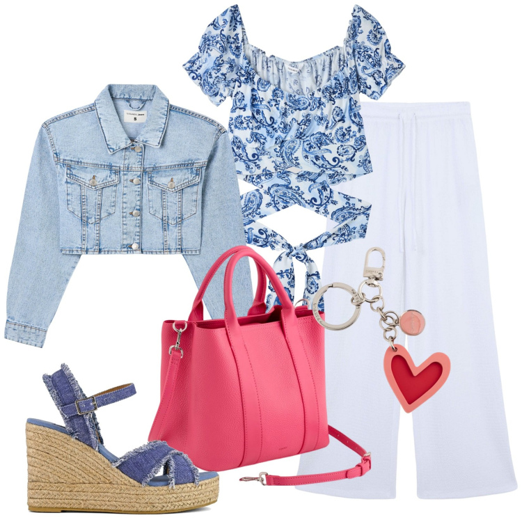 Outfit donna - La primavera nell\'aria. Stile Casual per Tutti i giorni. Abbinamento con bluse, pantaloni, blazer, zeppe, portachiavi, borse a mano.
