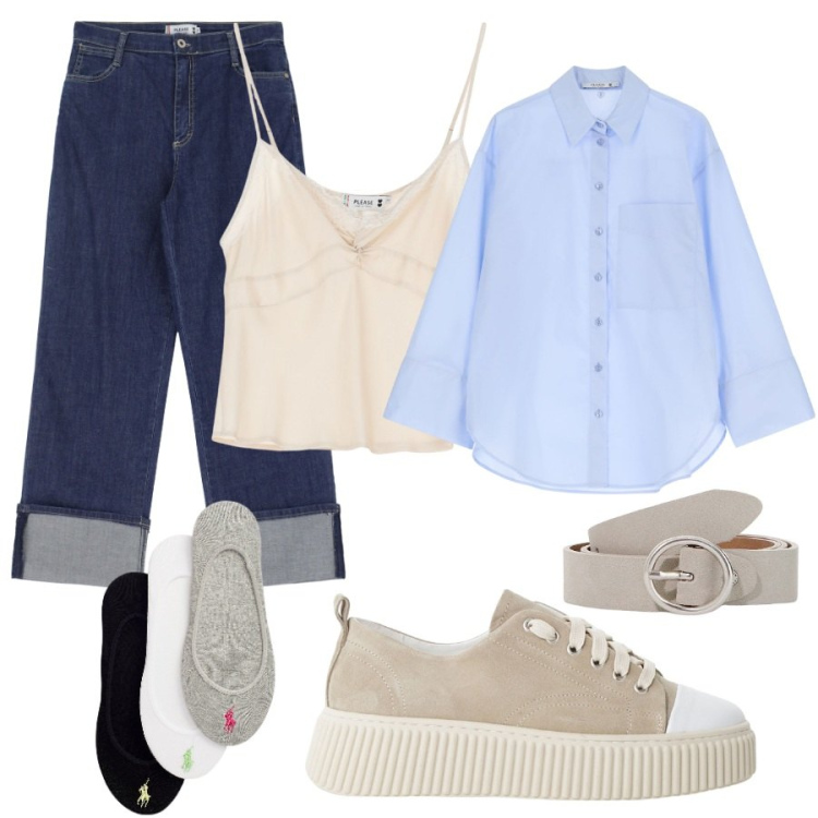 Outfit donna - Please - Ispirazione Saint-Tropez SS25. Stile Minimal per Tutti i giorni. Abbinamento con camicie, jeans, top, sneakers, cinture, calzini.