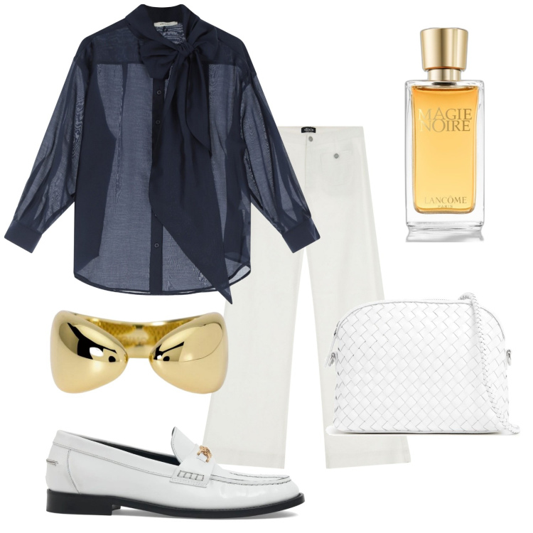 Outfit donna - Total look #2093280. Stile Chic per Tutti i giorni. Abbinamento con profumi, anelli, pantaloni a palazzo, camicie, borse a spalla, mocassini.