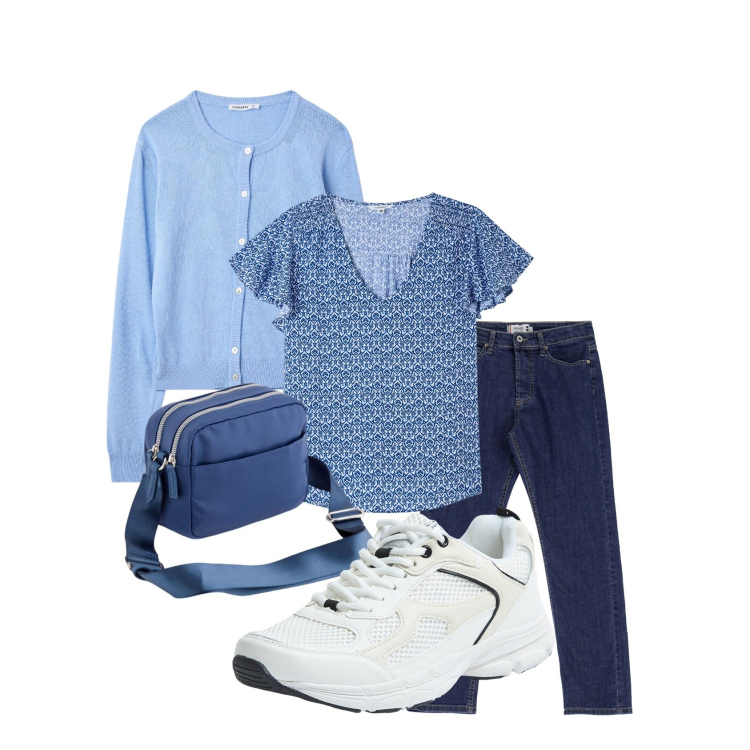 Outfit donna - Tempo libero. Stile Casual chic per Tutti i giorni. Abbinamento con bluse, cardigans, sneakers, jeans dritti, borse a tracolla.