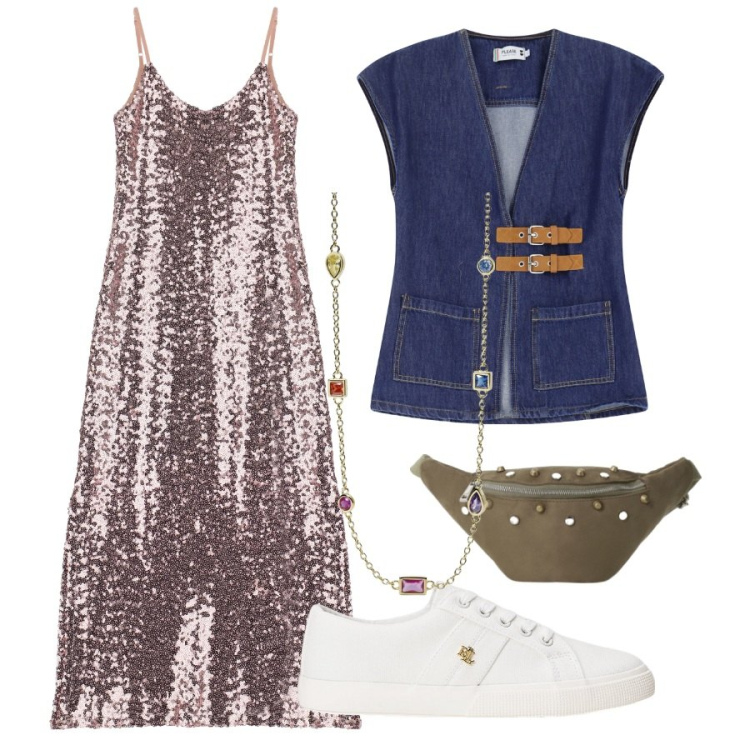Outfit donna - Please - Ispirazione Saint-Tropez SS25. Stile Glamour per Tutti i giorni. Abbinamento con collane, vestiti, gilet, marsupi, scarpe sportive.