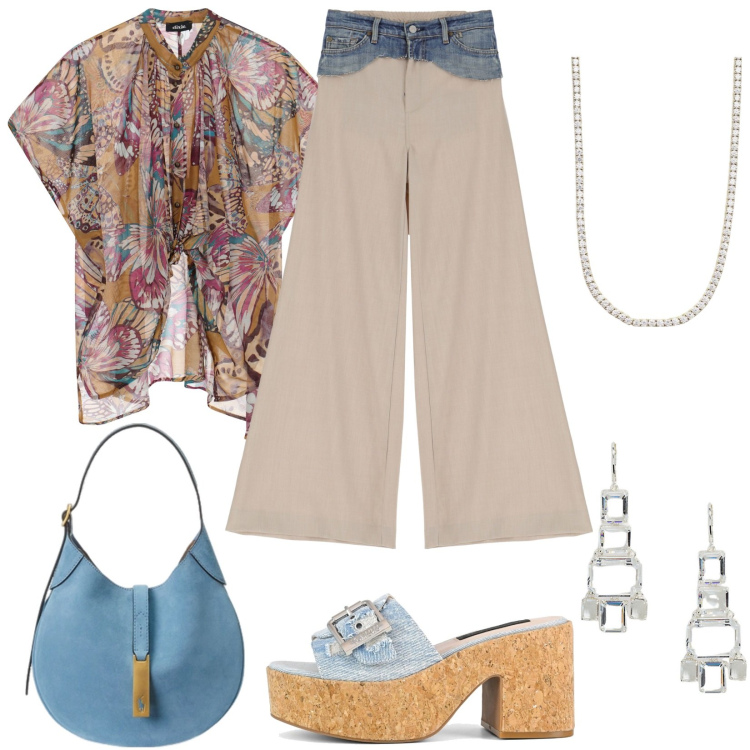 Outfit donna - Viaggio a Siviglia. Stile Casual chic per Tutti i giorni. Abbinamento con collane, pantaloni, camicie a manica corta, orecchini, borse a spalla, sandali.
