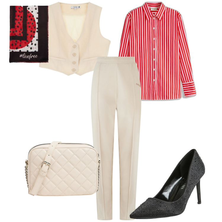 Outfit donna - Accessori scuri. per Ufficio. Abbinamento con camicie, borse a tracolla, décolleté, gilet, pantaloni, foulard.