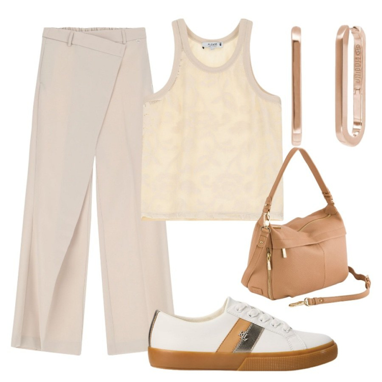 Outfit donna - Please - Ispirazione Saint-Tropez SS25. Stile Casual chic per Tutti i giorni. Abbinamento con orecchini, pantaloni, top, sneakers, borse a tracolla.