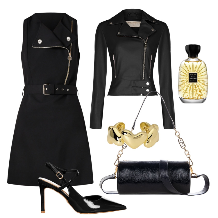 Outfit donna - Doppio chiodo per la sera. Stile Trendy per Serata fuori. Abbinamento con profumi, anelli, vestiti corti, giacche, borse a mano, décolleté.