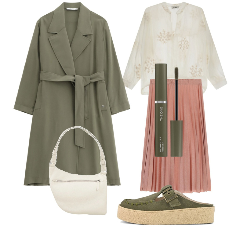 Outfit donna - Trench e primavera. Stile Casual chic per Tutti i giorni. Abbinamento con borse a tracolla, eyeliner, gonne, trench, camicie, sabot.