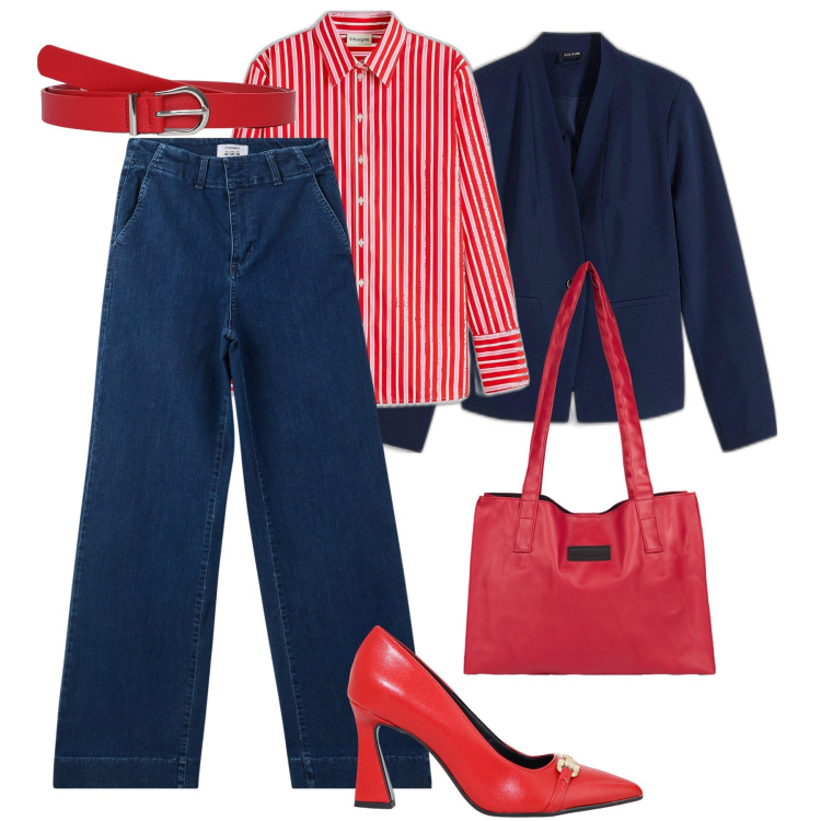 Outfit donna - Rosso e blu in città. Stile Sporty chic per Tutti i giorni. Abbinamento con blazer, camicie, cinture, jeans, décolleté, shopping bag.