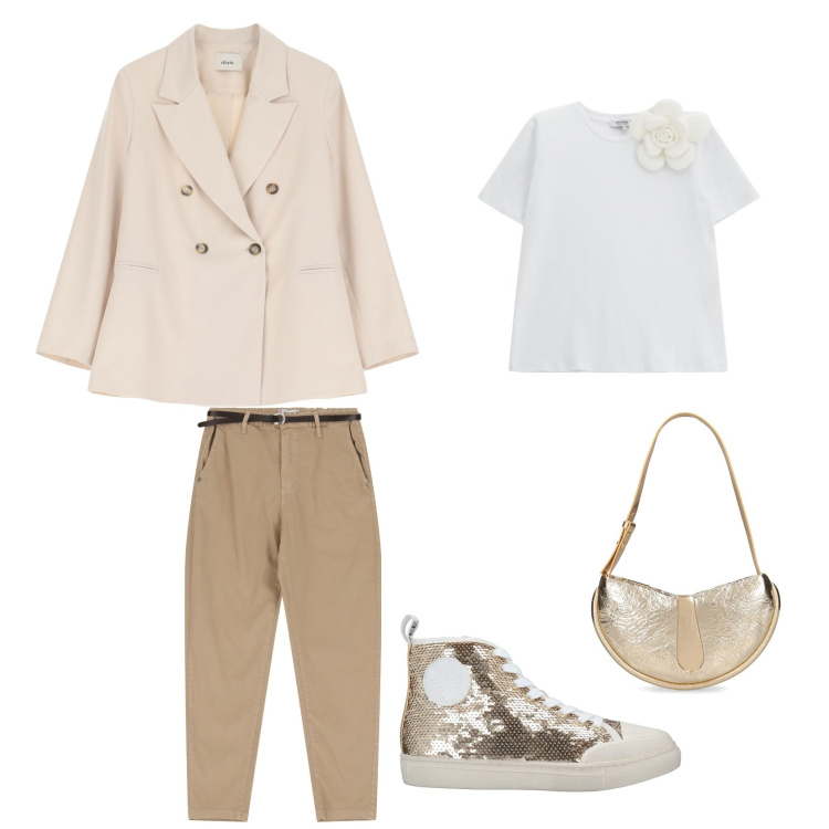 Outfit donna - purché brilli. Stile Casual chic per Tutti i giorni. Abbinamento con sneakers alte, pantaloni chino, t-shirt, blazer, borse a spalla.