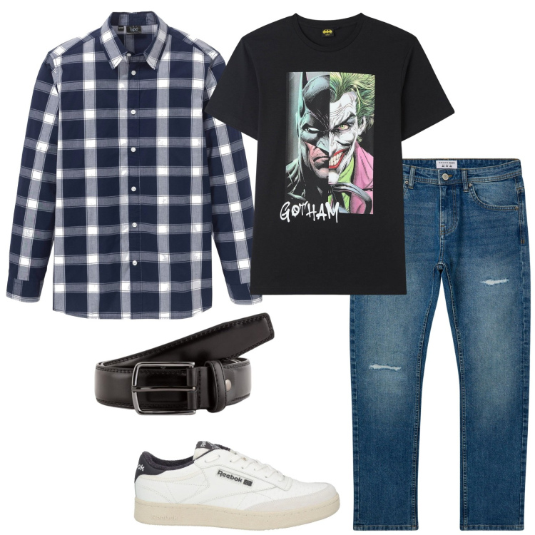 Outfit uomo - Gotham. Stile Casual per Tutti i giorni. Abbinamento con camicie, sneakers, t-shirt, jeans strappati, cinture.