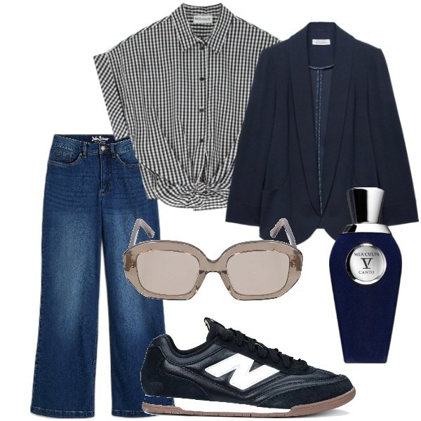 Outfit donna - Aspettando la primavera. Stile Casual per Tutti i giorni. Abbinamento con jeans, profumi, camicie, sneakers, occhiali da sole, blazer.