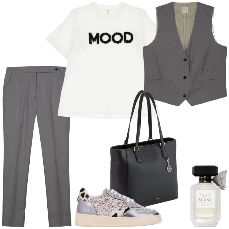 Outfit donna - Total look #2093314. Stile Casual per Tutti i giorni. Abbinamento con profumi, sneakers, t-shirt, pantaloni, gilet, shopping bag.