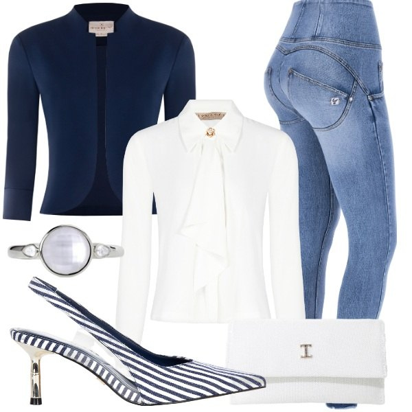 Outfit donna - Un pò urban, un pò chic. Stile Casual chic per Tutti i giorni. Abbinamento con borse a tracolla, anelli, décolleté, bolero, bluse, jeans skinny.