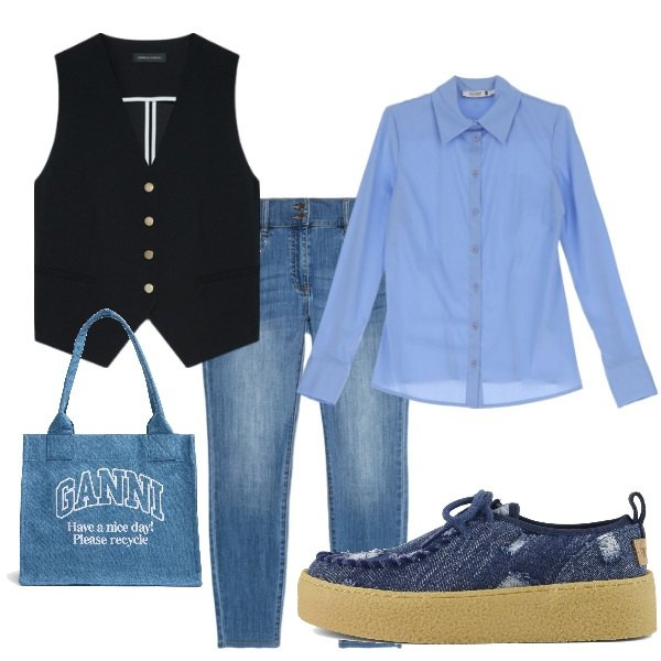 Outfit donna - Domenica mattina. Stile Casual chic per Tutti i giorni. Abbinamento con camicie, mocassini, jeans skinny, gilet, shopping bag.