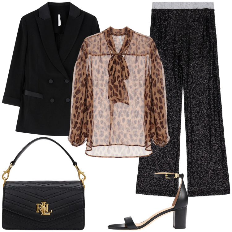 Outfit donna - Mix and match. Stile Chic per Ufficio. Abbinamento con camicie, pantaloni a palazzo, blazer, sandali in pelle, borse a tracolla.
