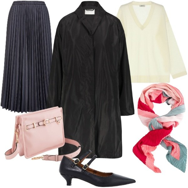 Outfit donna - Il trench versatile. Stile Casual chic per Serata fuori. Abbinamento con décolleté, maglieria, trench, gonne longuette, foulard, borse a tracolla.