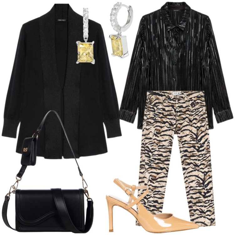 Outfit donna - Serata glamour. Stile Glamour per Serata fuori. Abbinamento con orecchini, pochette, décolleté, pantaloni chino, cardigans, camicie.