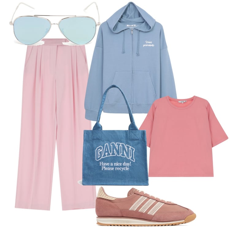 Outfit donna - Rosa e azzurro. Stile Sporty chic per Tutti i giorni. Abbinamento con felpe con cappuccio, t-shirt, pantaloni, shopping bag, occhiali da sole, sneakers.