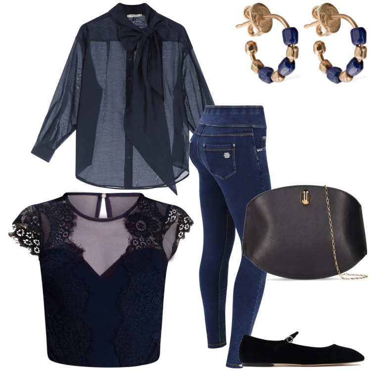 Outfit donna - Aperitivo in trasparenza. Stile Glamour per Serata fuori. Abbinamento con body, jeans skinny, camicie, orecchini, ballerine, borse a spalla.