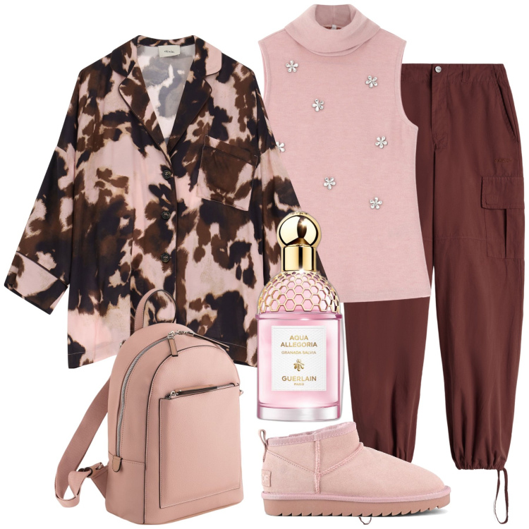 Outfit donna - Rosa e bordeaux. Stile Chic per Tutti i giorni. Abbinamento con profumi, maglieria, pantaloni cargo, blazer, zaini, stivali.