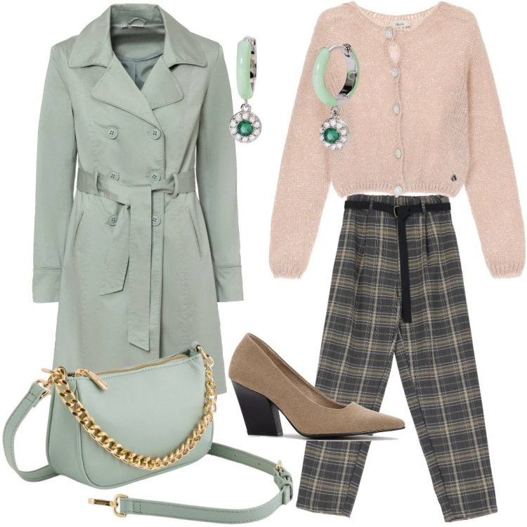 Outfit donna - Urban style in verde salvia. Stile Urban per Tutti i giorni. Abbinamento con trench, décolleté, orecchini, cardigans, pantaloni, borse a tracolla.