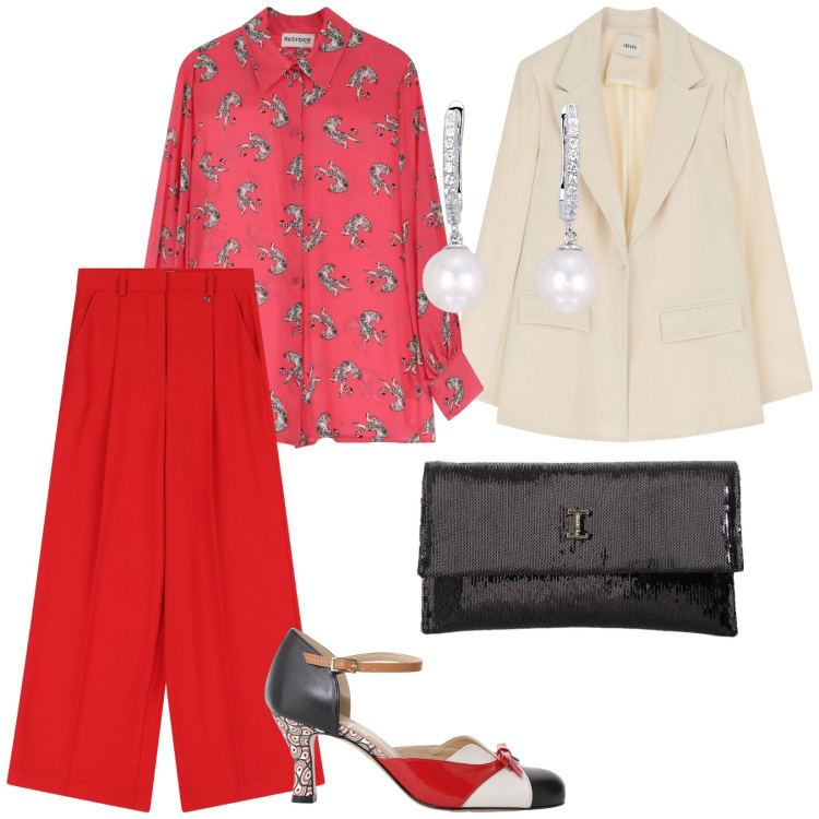 Outfit donna - Pranzo di pasqua. per Cerimonia. Abbinamento con orecchini, borse a tracolla, pantaloni a palazzo, blazer, camicie, décolleté.