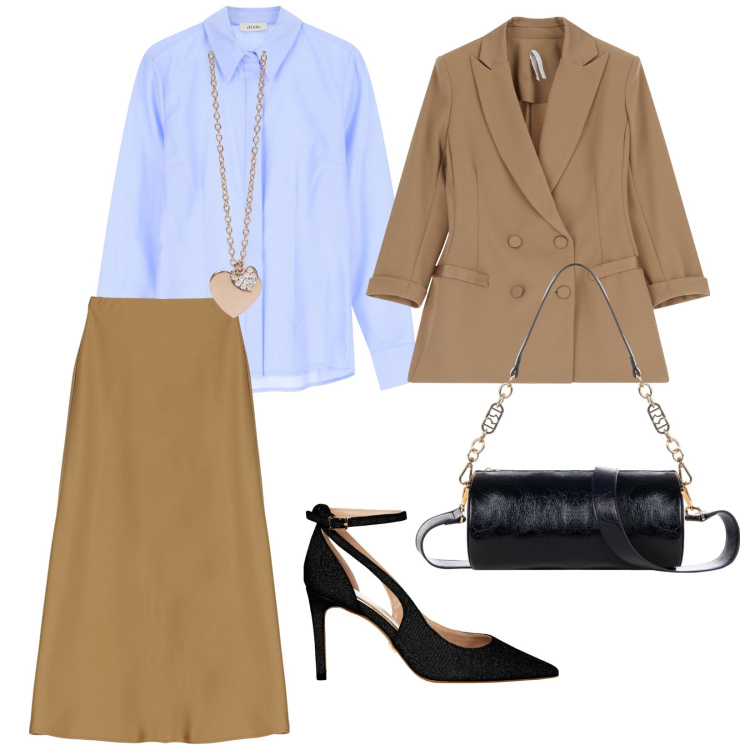 Outfit donna - In segreteria. per Ufficio. Abbinamento con ciondoli, décolleté, borse a mano, blazer, gonne lunghe, camicie.