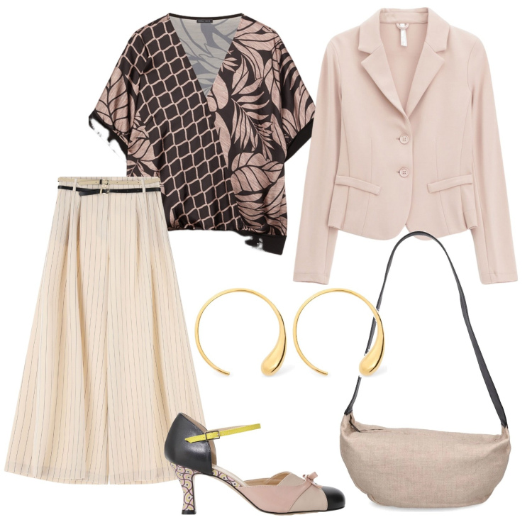 Outfit donna - Giochi di rosa, nero e beige. Stile Chic per Ufficio. Abbinamento con pantaloni a palazzo, blazer, décolleté, borse a spalla, bluse, orecchini.