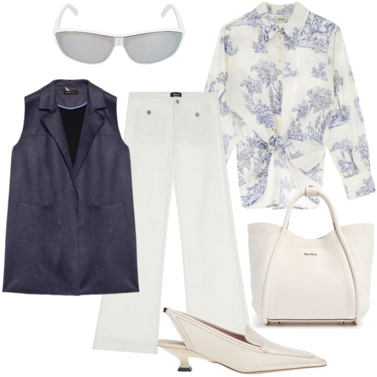Outfit donna - Al lavoro. Stile Bon Ton per Ufficio. Abbinamento con décolleté, pantaloni a palazzo, camicie, gilet, borse a mano, occhiali da sole.