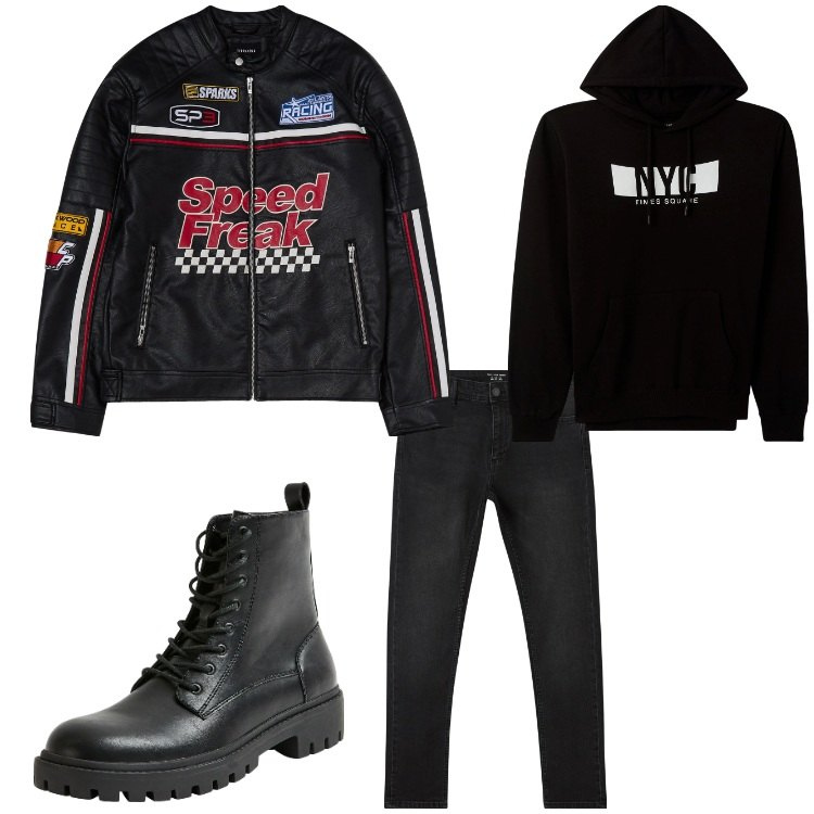 Outfit uomo - Biker boy. Stile Biker Rock per Tutti i giorni. Abbinamento con jeans skinny, giacche, anfibi, felpe con cappuccio.