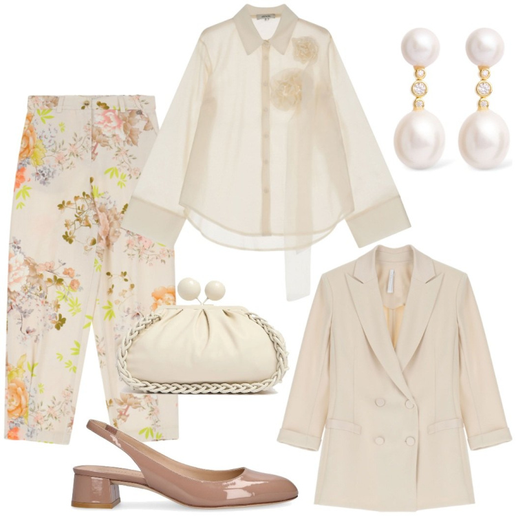 Outfit donna - Cerimonia informale. Stile Bon Ton per Cerimonia. Abbinamento con blazer, pantaloni chino, camicie, décolleté, orecchini, pochette.