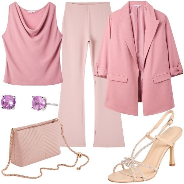 Outfit donna - Primavera in rosa. Stile Glamour per Cerimonia. Abbinamento con orecchini, canottiere, pantaloni, blazer, sandali col tacco, borse a tracolla.