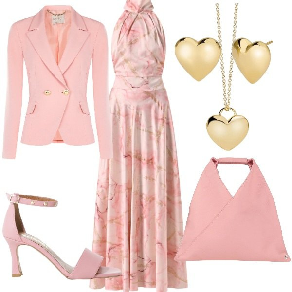 Outfit donna - Rosa a primavera. Stile Glamour per Cerimonia. Abbinamento con borse a mano, sandali col tacco, orecchini, collane, vestiti, blazer.