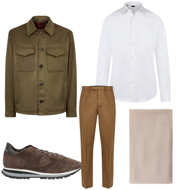 Outfit uomo - Armonia di marrone. Stile Business/Elegante per Ufficio. Abbinamento con sneakers, sciarpe, giacche, pantaloni, camicie.