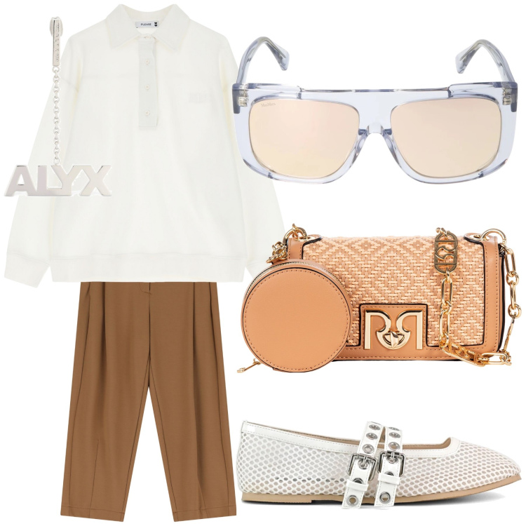 Outfit donna - Total look. Stile Urban per Ufficio. Abbinamento con pantaloni, borse a tracolla, felpe, ballerine, occhiali da sole, orecchini.