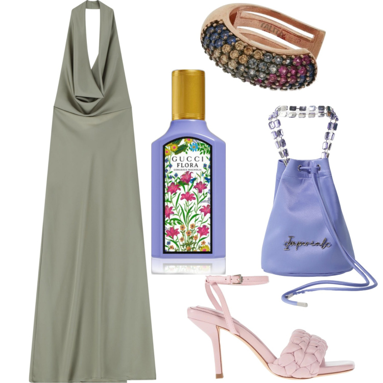 Outfit donna - Serata in mix. Stile Glamour per Serata fuori. Abbinamento con sandali in pelle, profumi, vestiti lunghi, borse a secchiello, orecchini.