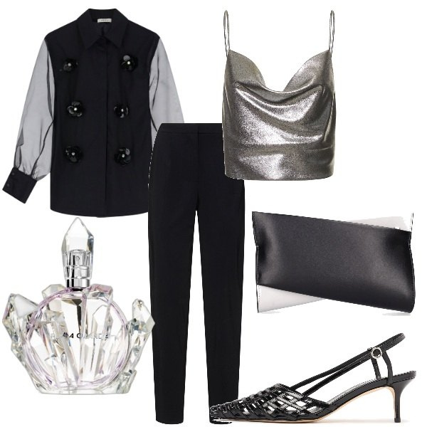 Outfit donna - Compleanno tra amici. Stile Glamour per Serata fuori. Abbinamento con profumi, camicie, pochette, top, scarpe col tacco, pantaloni.