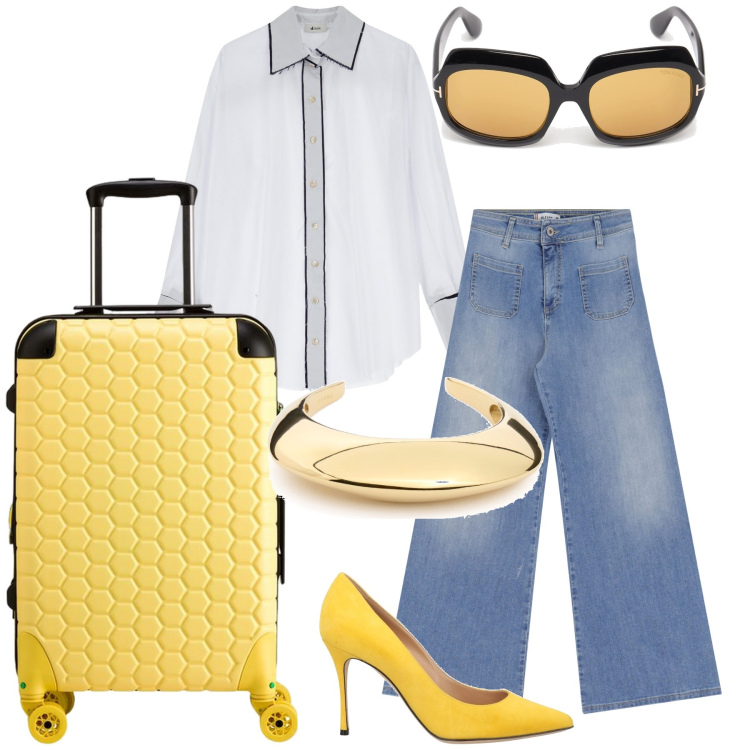 Outfit donna - Le pump per il viaggio. Stile Chic per Tutti i giorni. Abbinamento con décolleté, jeans, camicie, occhiali da sole, valigie, braccialetti.