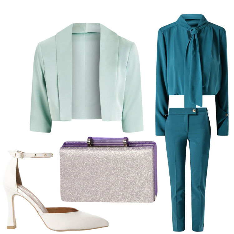 Outfit donna - Evento in primavera. Stile Chic per Serata fuori. Abbinamento con décolleté, pantaloni, bolero, pochette, bluse.