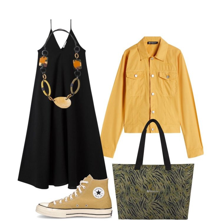 Outfit donna - Total look #2093391. Stile Etnico per Tutti i giorni. Abbinamento con vestiti lunghi, blazer, shopping bag, collane, sneakers.