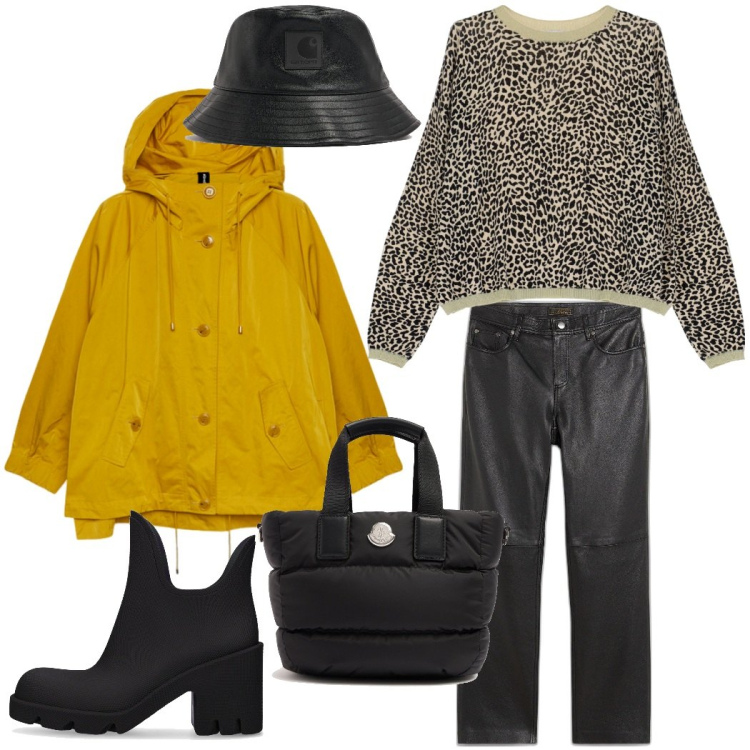 Outfit donna - Sotto la pioggia. Stile Casual chic per Tutti i giorni. Abbinamento con pantaloni, maglieria, blazer, cappelli, stivaletti, borse tote.