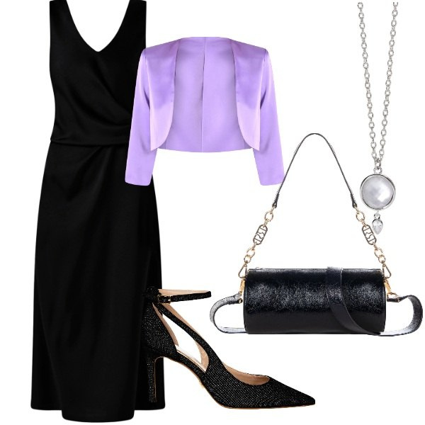 Outfit donna - Serata fuori. Stile Glamour per Serata fuori. Abbinamento con collane, vestiti midi/longuette, bolero, borse a mano, décolleté.