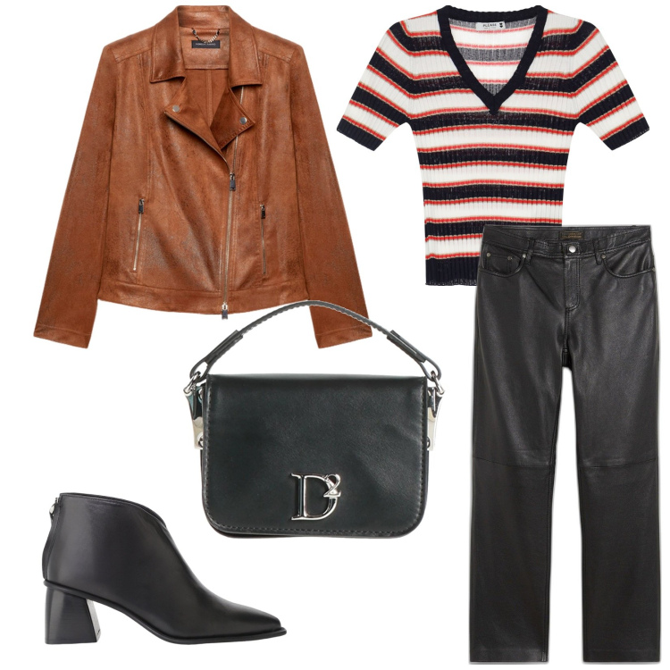 Outfit donna - Pronta per l\' aperitivo. per Serata fuori. Abbinamento con pantaloni, borse a mano, stivaletti, maglieria, blazer.