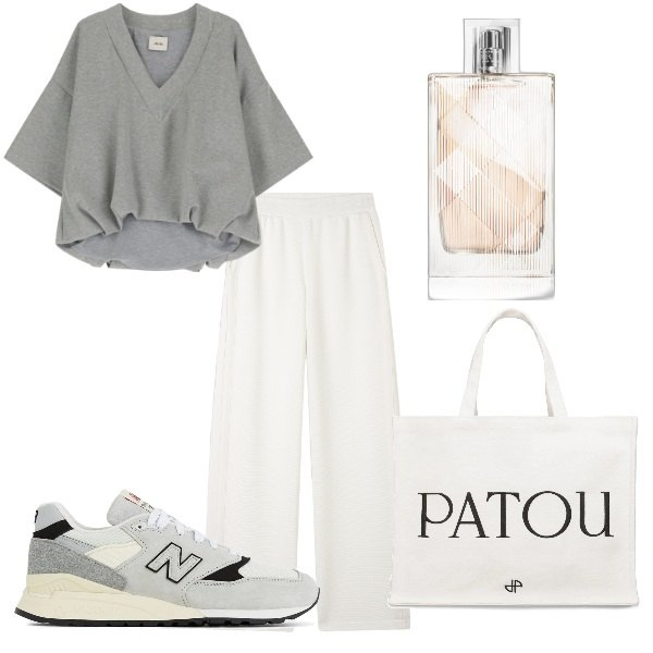 Outfit donna - A spasso per la città. Stile Trendy per Tutti i giorni. Abbinamento con profumi, sneakers, pantaloni, t-shirt, shopping bag.