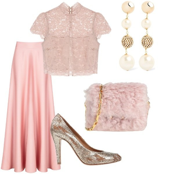 Outfit donna - Matrimonio in vista. Stile Glamour per Cerimonia. Abbinamento con décolleté, borse a tracolla, top, gonne, orecchini.