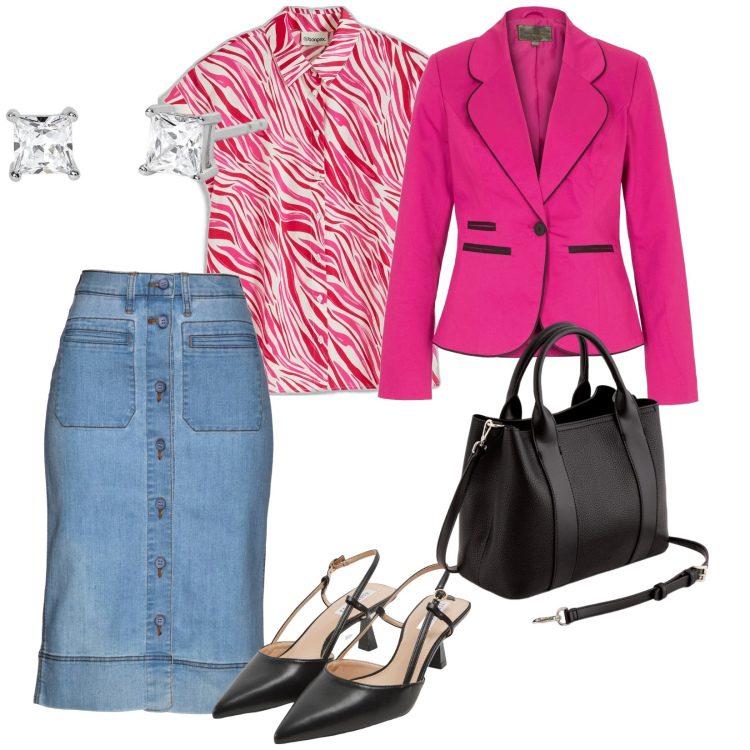 Outfit donna - Elegante anche con la gonna di jeans. per Scuola/Università. Abbinamento con gonne, blazer, bluse, sabot, orecchini, borse a mano.
