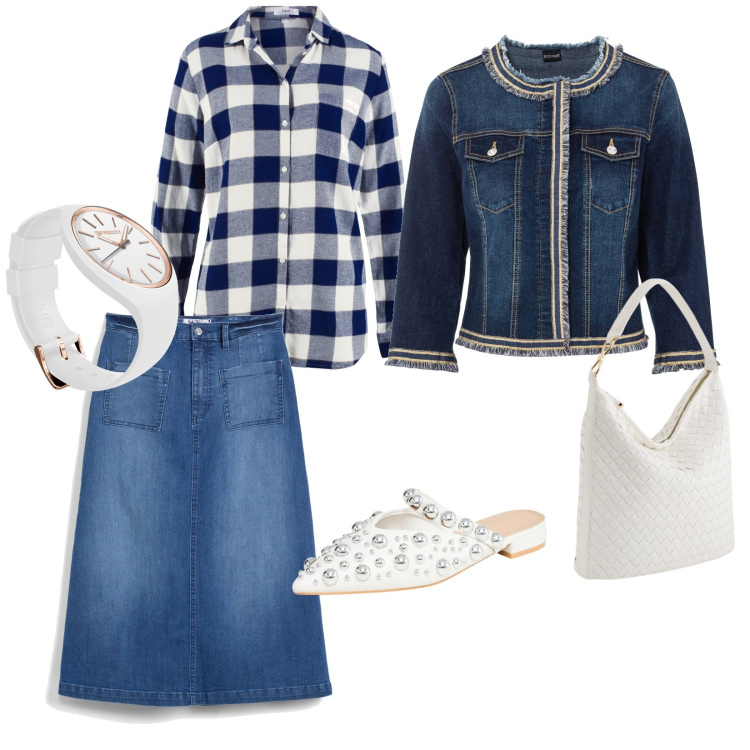 Outfit donna - La gonna di jeans per l\' estate. per Tutti i giorni. Abbinamento con gonne longuette, blazer, camicie, ballerine, orologi, borse a tracolla.